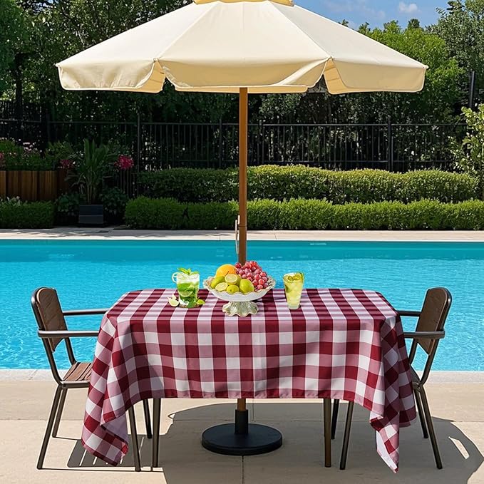 Poise3EHome 60X120 Outdoor/Indoor Waterproof Spillproof Rectangle Tablecloth with Umbrella Hole for Christmas Camping, Picnic, Afternoon Tea, BBQ, Burgundy Red Checkered