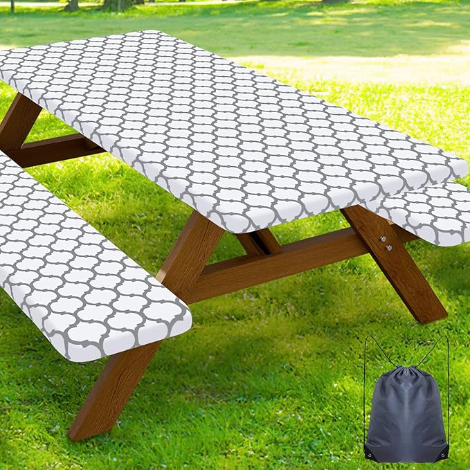 Smiry Picnic Table Cover with Bench Covers, Waterproof Elastic Fitted Tablecloth for 6 Foot Tables, Washable Polyester Tablecloths for Camping, Indoor & Outdoor (White Morocco, 30x72 Inch 3-pc Set)