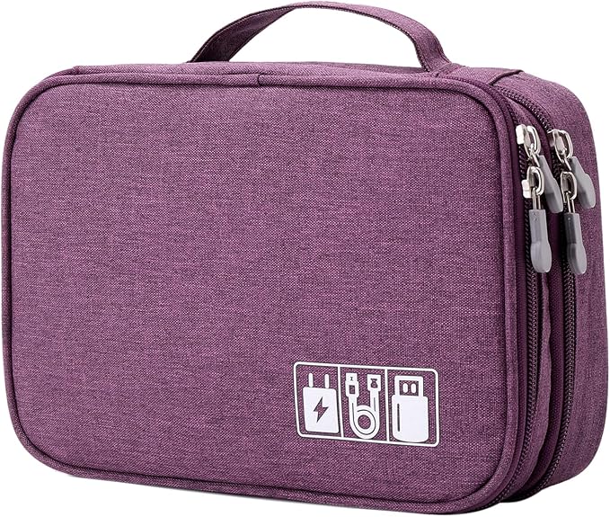 mygreen Electronics Travel Organizer Storage Bag, Double Layer Universal Traveling Gear Accessories Carrying Cover Pouch for iPad Mini Cables Phone Chargers Adapter Flash Hard Drive and More Purple