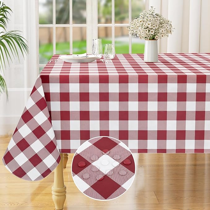 misaya Rectangle Waterproof Vinyl Table Cloth, Buffalo Flannel Backed Tablecloth, Wipeable Plastic Table Cover for Dinner, Kitchen, Outdoor (60" x 120", Burgundy and White)