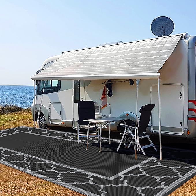 GENIMO 9' x 18' Outdoor Rug Waterproof for Patio, Foldable Reversible Plastic Straw Area Rugs Mat for Rv Decor, Outside Carpet for Camper, Deck, Picnic, Beach, Balcony, Porch, Black & Grey