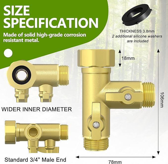 High Flow Solid Metal 2 Way โ Type Garden Hose Splitter with Shut-Off Valves, 360 Degree Rotation 3/4" Spigot Faucet Connectors with 2 Extra Silicone Washers