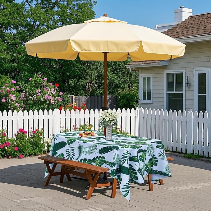 Poise3EHome 60X84 Outdoor/Indoor Waterproof Tropical Rectangle Tablecloth Green with Umbrella Hole Zipper for Camping Picnic Party Patio Table Spring, Palm Leaf