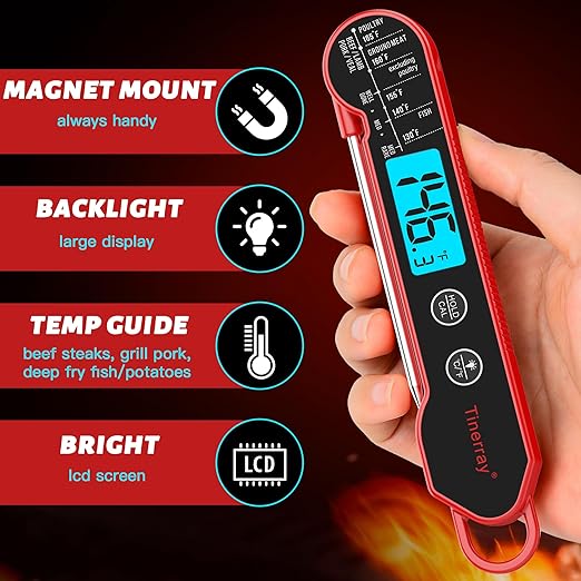 Digital Meat Thermometer for Cooking – Waterproof Instant Read Food Thermometer with Backlight & Calibration, Fast Read, Folding Probe for BBQ, Grill, Candy, Deep Fry, Kitchen, Liquids, Beef(Red)