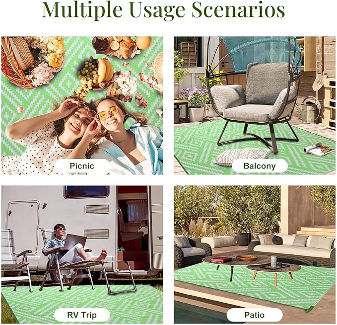 OPPODREAM Outdoor Rug 5x8 Ft, Waterproof Outdoor Plastic Straw Rug for Patio, Reversible Out Door Carpet for Camping, Deck, Rv, 5 x 8 Area Carpet for Balcony, Porch, Backyard, White and Green
