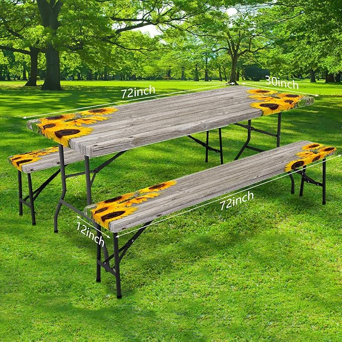 3 Pcs Sunflower Wooden Picnic Table Cover with Bench Covers,6Ft Rustic Sunflower Waterproof Fitted Picnic Table Cloths Retro Wood Texture Elastic Outdoor Picnic Tablecloth for Camping Patio Travel