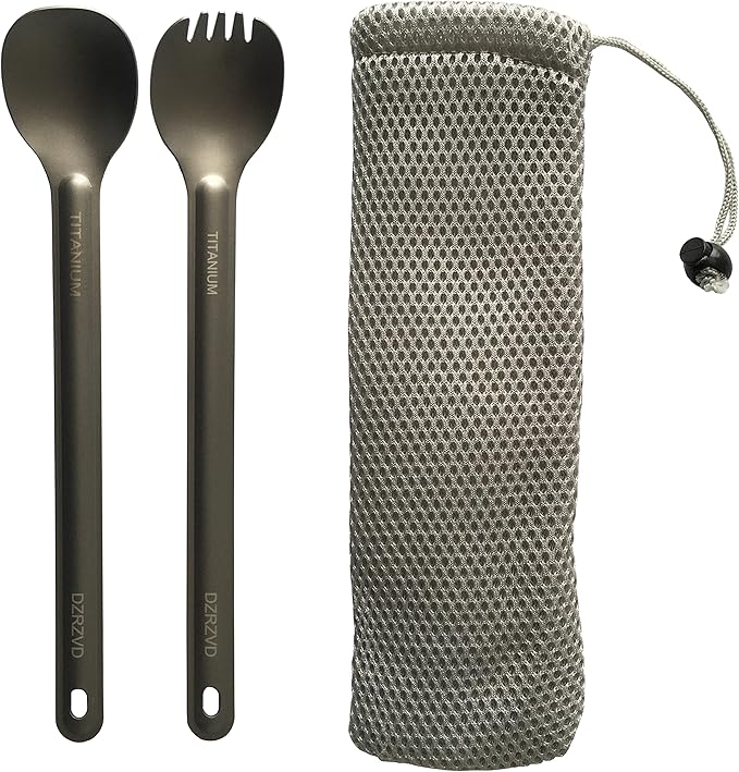 Titanium Long Handle Spork and Spoon, 8.6" Camping Cutlery Set