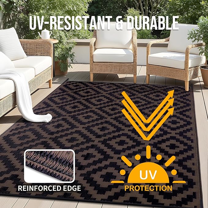 OLANLY Waterproof Outdoor Rug 9x12 ft, Outdoor Plastic Straw Rug for Camping, RV Mat Outside, Outdoor Carpet for Porch, Deck, Backyard, Balcony, Picnic, Black & Brown
