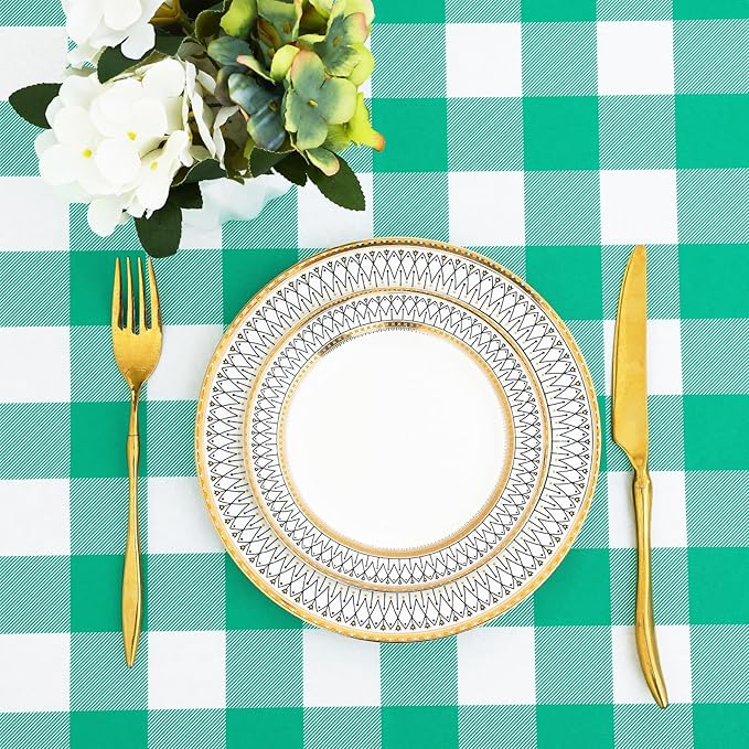 misaya Rectangle Waterproof Vinyl Table Cloth, Buffalo Flannel Backed Tablecloth, Wipeable Plastic Table Cover for Dinner, Kitchen, Outdoor (54" x 120", Green and White)
