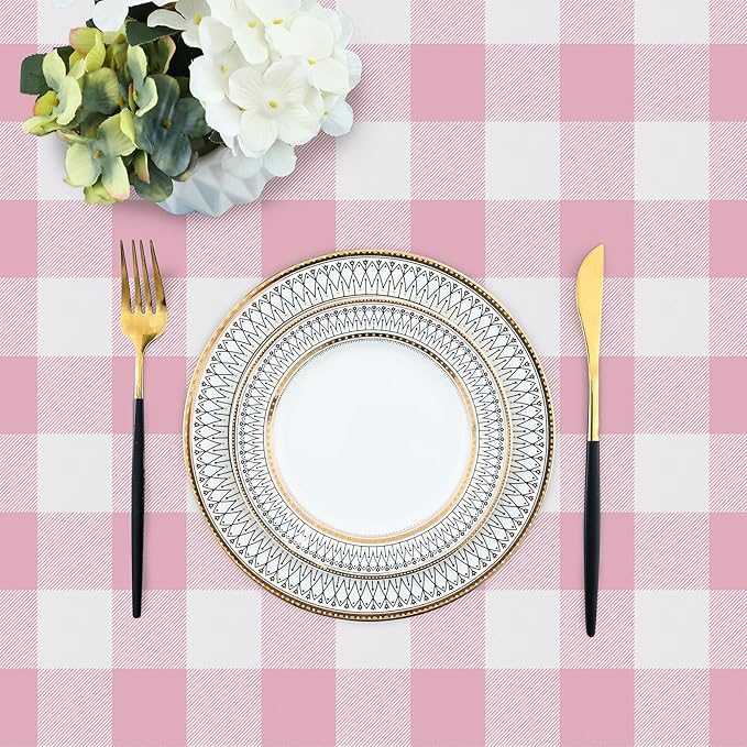 misaya Rectangle Waterproof Vinyl Table Cloth, Buffalo Flannel Backed Tablecloth, Wipeable Plastic Table Cover for Dinner, Kitchen, Outdoor (60" x 120", Pink and White)