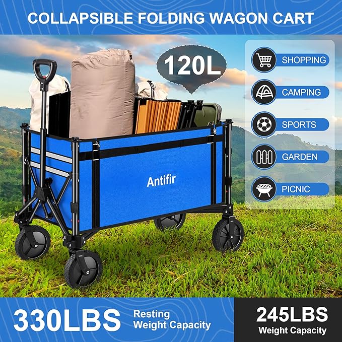 Collapsible Wagon Carts,Folding Wagon Cart with All Terrain Wheels,Heavy Duty Garden Carts with Adjustable Handle,Outdoor Utility Wagon for Camping Shopping Sports Fishing(Blue)
