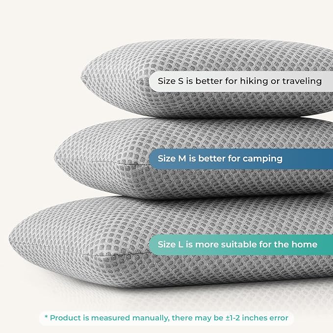 Travel Pillow Memory Foam Pillows, Camping Pillow-Compressible Medium Firm, Breathable Cover, Ideal Backpacking Hiking, Bed Pillows, Airplane and Car (Light Grey, L)