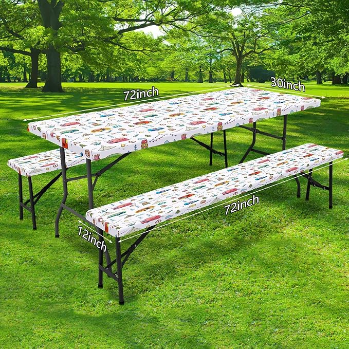 Picnic Table Cover with Bench Covers, Colorful Cartoon Camping Icons Elastic Edges, Waterproof Windproof Fitted Tablecloth, for Outdoor Camping Patio Garden, Includes Drawstring Bag, 60 in