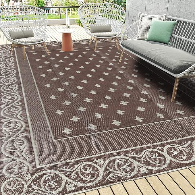 Pauwer 9'x12' Reversible Outdoor Rug, Waterproof Plastic Straw Area Rug for Patios, RV Mat, Camping, Picnic, Beach, Balcony, Pet Friendly, Lightweight