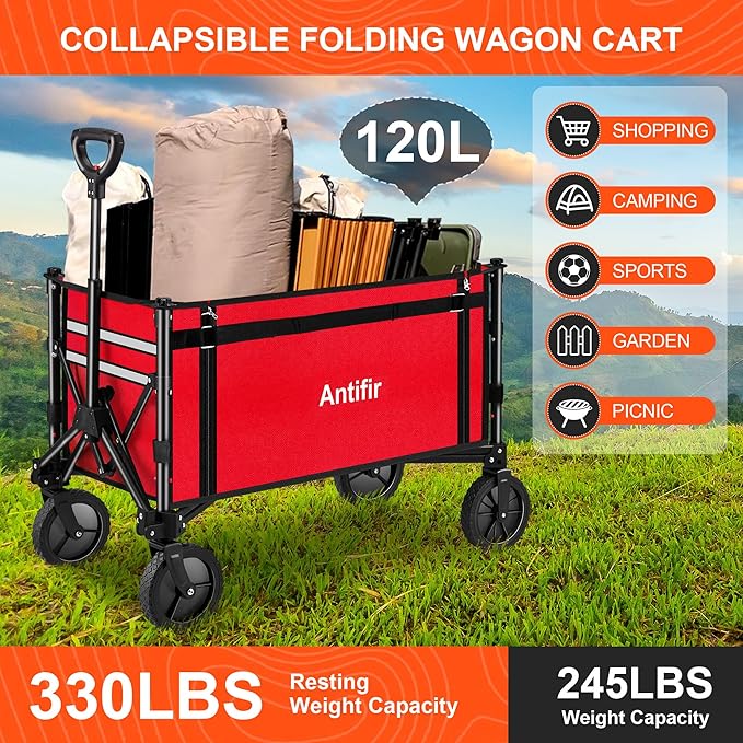 Collapsible Wagon Carts,Folding Wagon Cart with All Terrain Wheels,Heavy Duty Garden Carts with Adjustable Handle,Outdoor Utility Wagon for Camping Shopping Sports Fishing(Red)