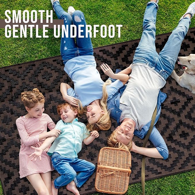 OLANLY Waterproof Outdoor Rug 5x8 ft, Outdoor Plastic Straw Rug for Camping, RV Mat Outside, Outdoor Carpet for Porch, Deck, Backyard, Balcony, Picnic, Black & Brown