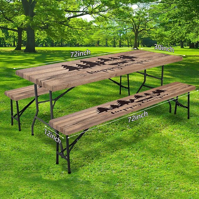 Picnic Table Cover with Bench Covers Camping Essentials Waterproof Windproof Camping Tablecloth with Elastic Edges, Fitted Rectangle Tables and Seats, 30x72in