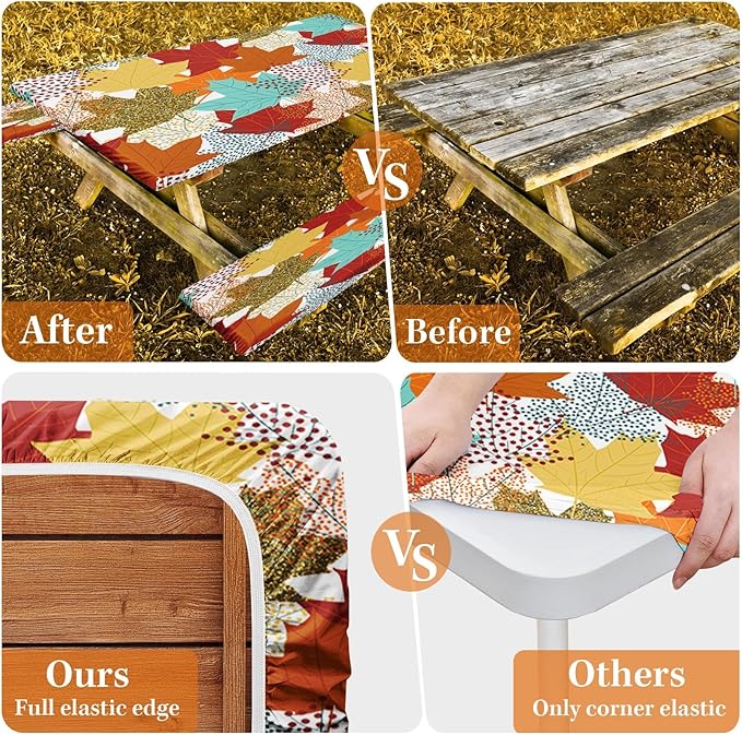 Picnic Table Cover with Bench Covers Elastic Edges, Fall Leaves Fitted Table Cover, Outdoor Patio Camping Essentials 72 Inch 3PCS, Waterproof Camping Fitted Tablecloth with Drawstring Bag