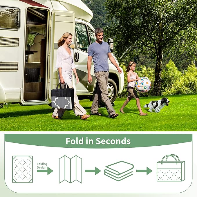 GENIMO 6' x 9' Outdoor Rug Waterproof for Patio Decor, Foldable Reversible Plastic Straw Area Rugs Mat for Camper, Outside Carpet for Rv, Deck, Porch, Picnic, Beach, Balcony, Grey & Beige White