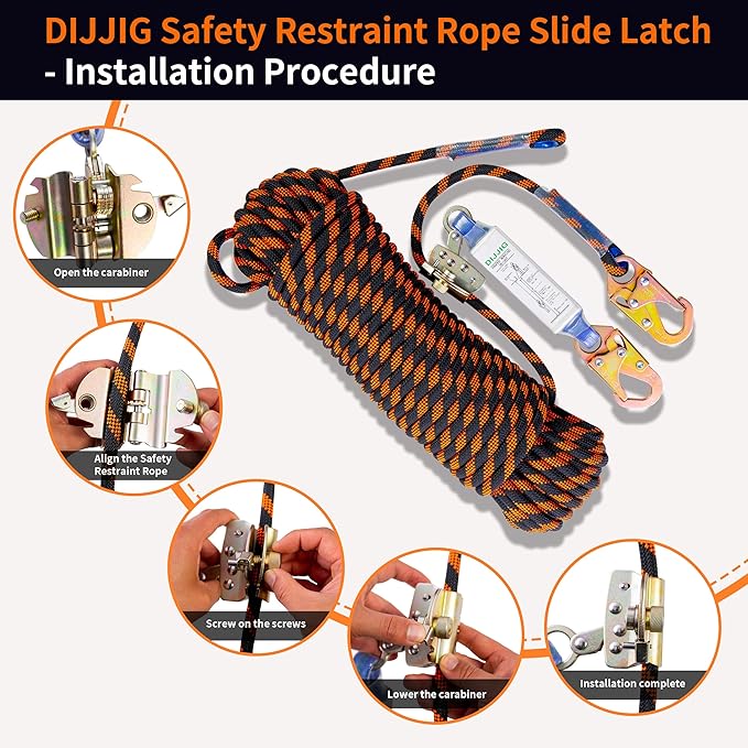 Rope Harness Safety Lanyard 50ft Vertical Roofing Rope with Grab Snap Hooks Shock Absorber Fall Protection Tree Climbing Line Kit Heavy Duty Roof Safety Equipment ANSI CE