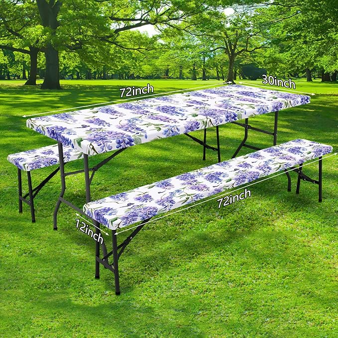Picnic Table Cover with Bench Covers, Purple Wisteria Flower Pattern Elastic Edges, Waterproof Windproof Fitted Tablecloth, for Outdoor Camping Patio Garden, Includes Drawstring Bag, 72 in