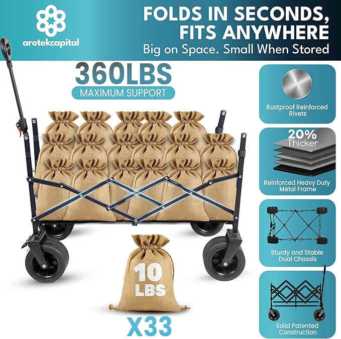 Collapsible Foldable Wagon Cart, 440lbs Heavy Duty Utility Wagon with All-Terrain Wheels, Folding Outdoor Cart with Brakes for Beach, Sports, Camping, Garden, Shopping โ Black