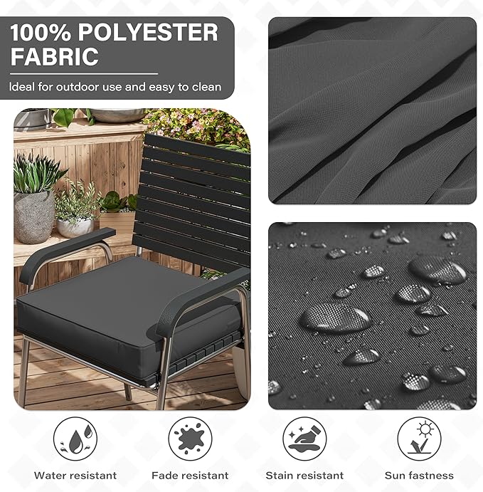 Patio Chair Cushions 22 X 22 X 4 Inch Waterproof Outdoor Seat Cushions for Patio Furniture, Outdoor Sofa Couch Pads with Ties & Handle, Set of 2, Grey