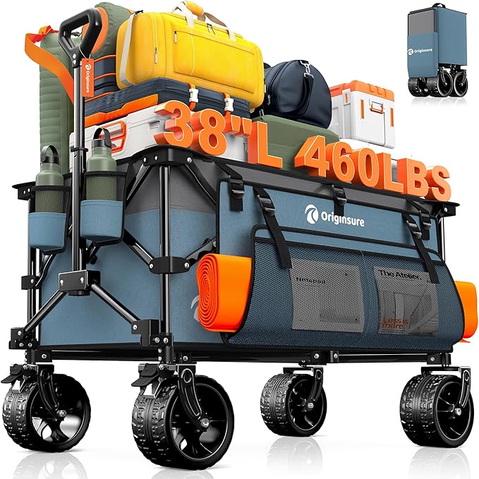 220L Collapsible Wagon Cart Foldable, 460LB Load Capacity Heavy Duty Folding Beach Wagons with Big All-Terrain Wheels, Utility Carts for Groceries, Shopping, Camping, Sports - Grey&Blue