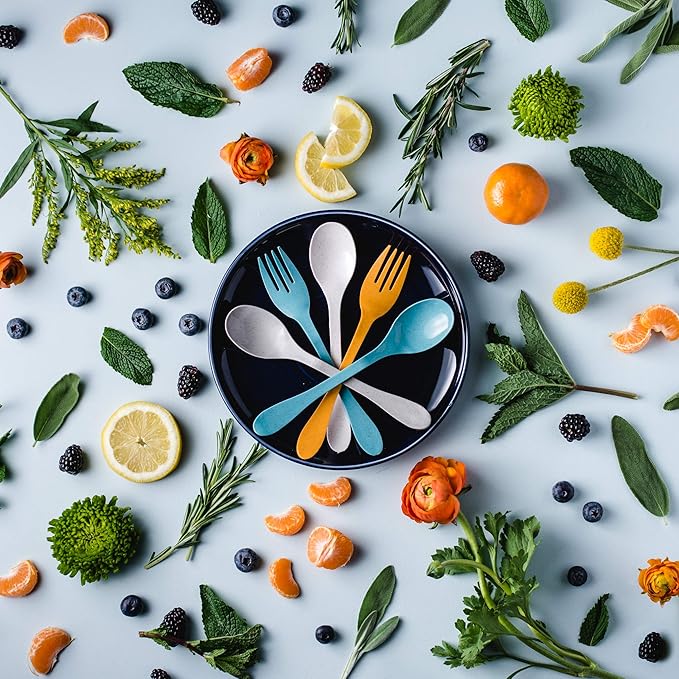 Knork Eco Astrik Reusable Compostable Plant-Based To Go Ware, Utensil Set with Carry Case, Orange Blue White Gray, 8 Piece Utensil Set with Carry Case