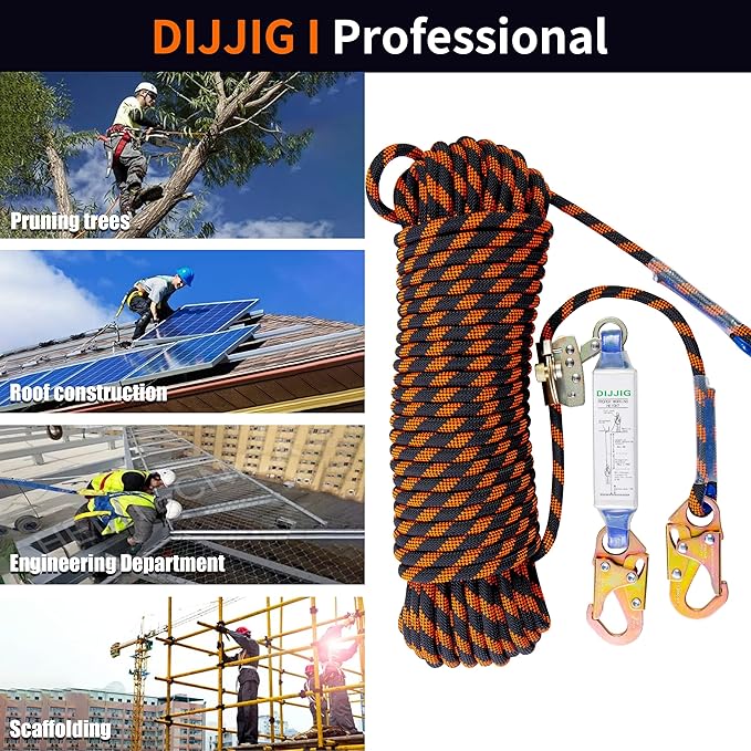 Rope Harness Safety Lanyard 100ft Vertical Roofing Rope with Grab Snap Hooks Shock Absorber Fall Protection Tree Climbing Line Kit Heavy Duty Roof Safety Equipment ANSI CE