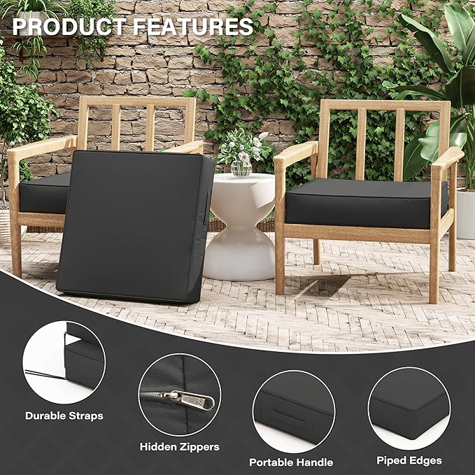 Patio Chair Cushions 24 X 24 X 5 Inch Waterproof Outdoor Seat Cushions for Patio Furniture, Outdoor Sofa Couch Pads with Ties & Handle, Set of 2, Grey
