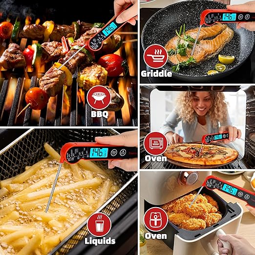 Digital Meat Thermometer for Cooking – Waterproof Instant Read Food Thermometer with Backlight & Calibration, Fast Read, Folding Probe for BBQ, Grill, Candy, Deep Fry, Kitchen, Liquids, Beef(Red)