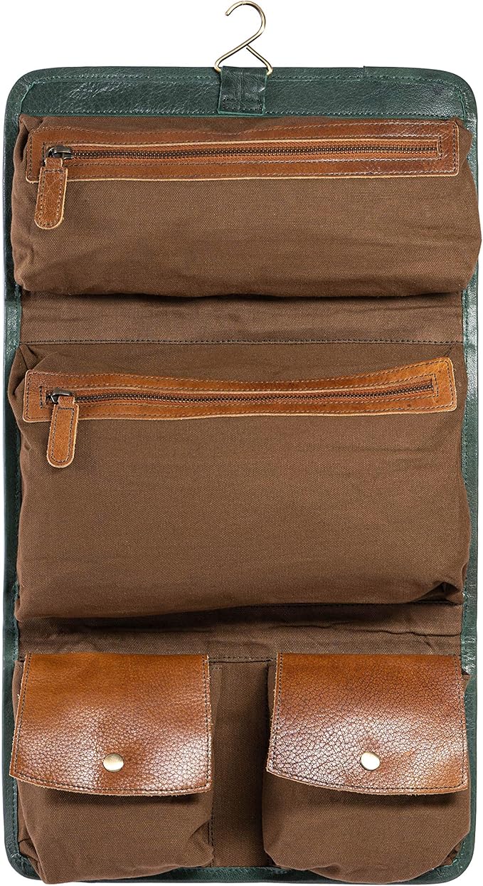 KomalC Premium Buffalo Leather Hanging Toiletry Bag Travel Dopp Kit