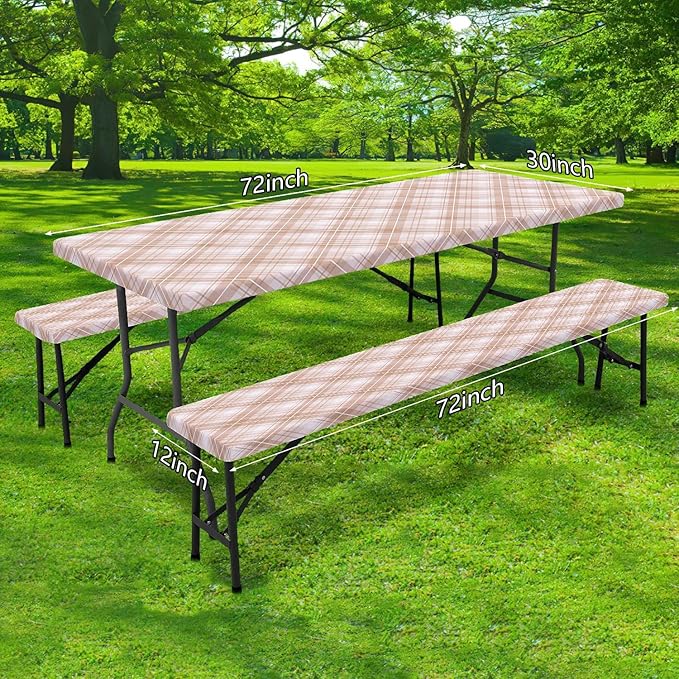 DYNH 3 Pcs Picnic Table Cover with Bench Covers, 6ft Waterproof Reusable Elastic Fitted Rectangle Picnic Table Cloths,30x72IN Beige Plaid Picnic Tablecloth for Camping Patio Travel Outdoor