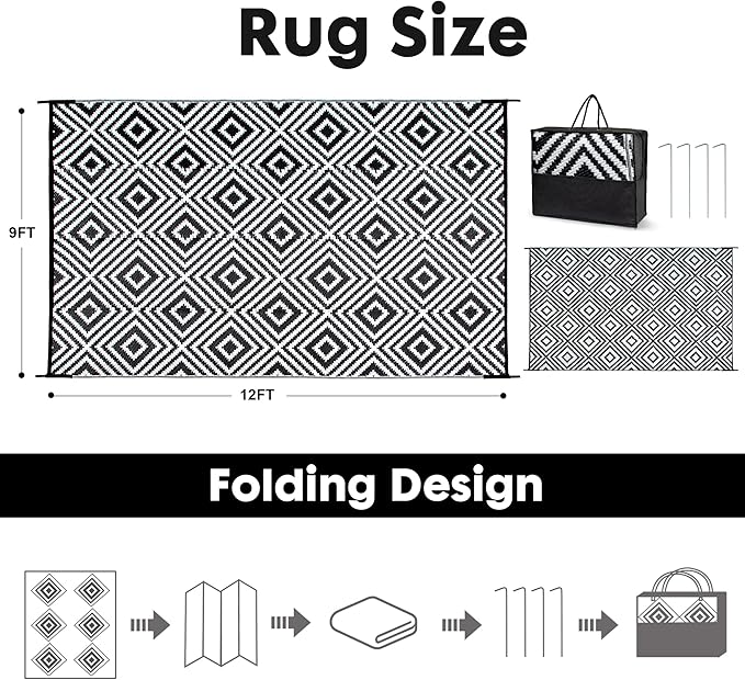 Plastic Straw Rug, Waterproof Outdoor Rug, Reversible Plastic Camping RV Rug, Large Floor Mat and Area Rug for Camping, Patio, Backyard, Deck, Picnic, Beach (H, 9 * 12)