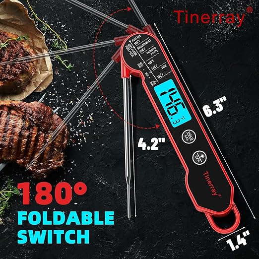 Digital Meat Thermometer for Cooking – Waterproof Instant Read Food Thermometer with Backlight & Calibration, Fast Read, Folding Probe for BBQ, Grill, Candy, Deep Fry, Kitchen, Liquids, Beef(Red)