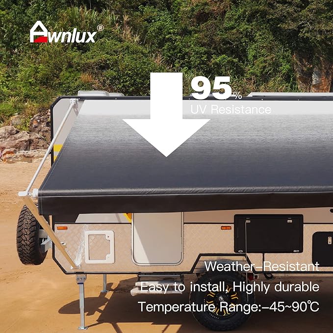 AWNLUX RV Awning Fabric Replacement Waterproof Vinyl Shade Screen for Awnings Camping Universal Fit Fabric Sun Shade UV Sun Blocker Canopy RV Awning Shade Shelter Black Fade-10'(Fabric 9'2")