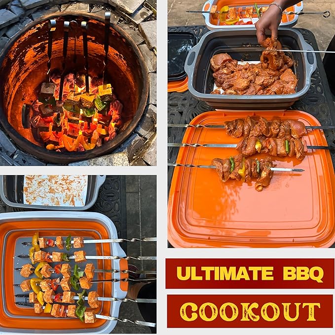 Collapsible X-Large (16L) BBQ Marinating Tub w/Cutting Board | Multipurpose Food-Grade TPE Prep Tub w/Lid | Built-In Colander & Drain Plug - For Camping | Tailgate | Picnic - Slate Black