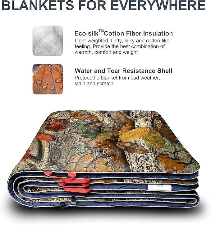 ECOSILK Outdoor Blanket Waterproof | XL Puffy Camping Blanket for Hiking Backpacking | Lightweight Packable Travel Cars Blanket w. Stuff Sack for Picnic Festival |55 X 79 in| Forest Camoโฆ
