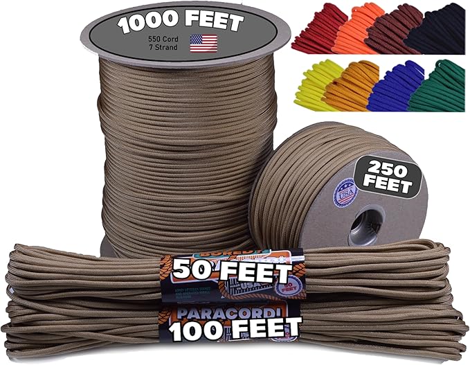 BORED? PARACORD! 550 lb Paracord - Ideal for Crafting, Camping, DIY Projects, Active & Military Outdoors - Strong Survival Rope - Tactical Parachute Cord Type III - Gold 50 Feet