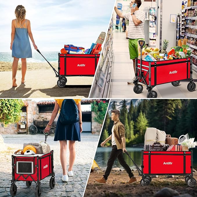 Collapsible Wagon Carts,Folding Wagon Cart with All Terrain Wheels,Heavy Duty Garden Carts with Adjustable Handle,Outdoor Utility Wagon for Camping Shopping Sports Fishing(Red)