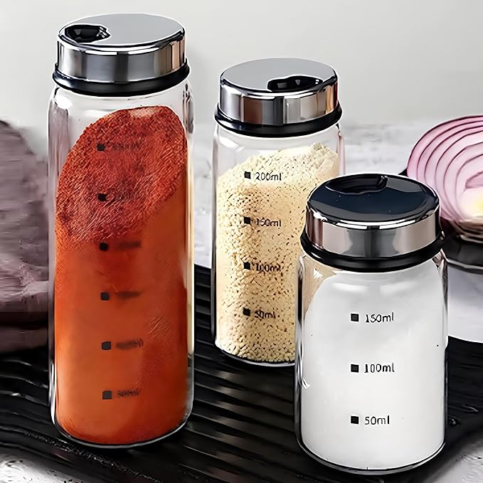2 Piece 4-Neck Glass Seasoning Shakers with Adjustable Pour Holes - Moisture Resistant, Salt and Pepper Shakers - For Seasoning, Picnics (2 medium jars, 7oz each)