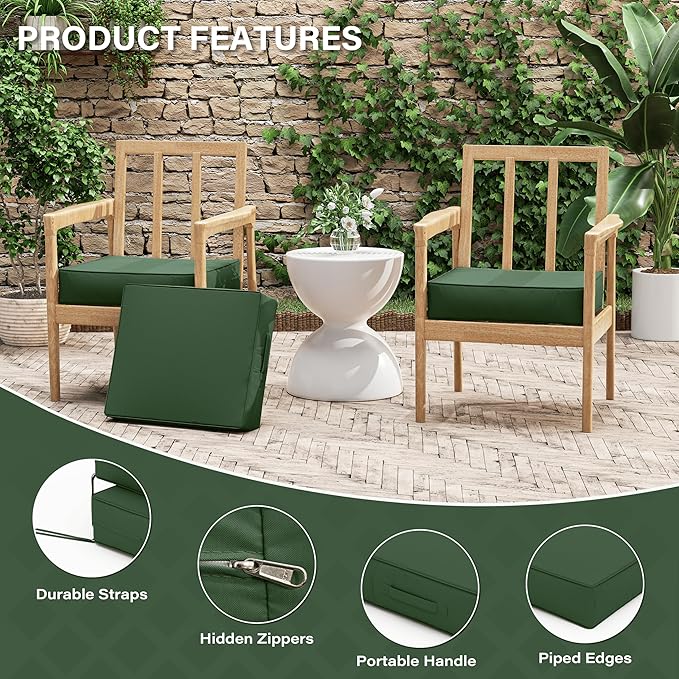 Patio Chair Cushions 18.5 X 16 X 4 Inch Waterproof Outdoor Seat Cushions for Patio Furniture, Outdoor Sofa Couch Pads with Ties & Handle, Set of 2, Green