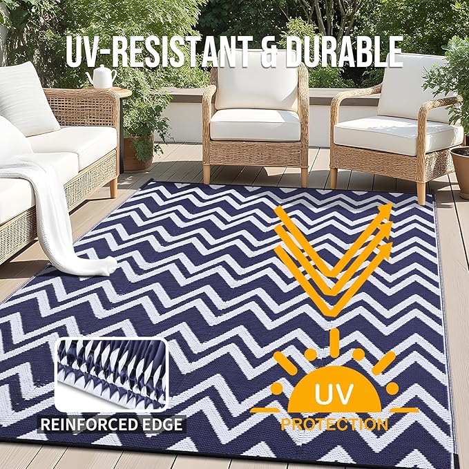 OLANLY Waterproof Outdoor Rug 9x12 ft Clearance, Reversible Outdoor Plastic Straw Rug, RV Mat, Indoor Outdoor Carpet for Patio, Camping, Balcony, Deck, Backyard, Navy & White