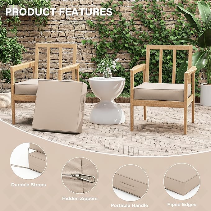 Patio Chair Cushions 19 X 19 X 4 Inch Waterproof Outdoor Seat Cushions for Patio Furniture, Outdoor Sofa Couch Pads with Ties & Handle, Set of 2, Sand