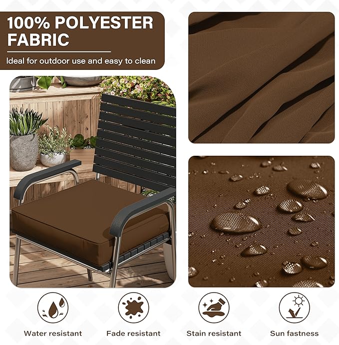 Patio Chair Cushions 19 X 19 X 4 Inch Waterproof Outdoor Seat Cushions for Patio Furniture, Outdoor Sofa Couch Pads with Ties & Handle, Set of 2, Chocolate