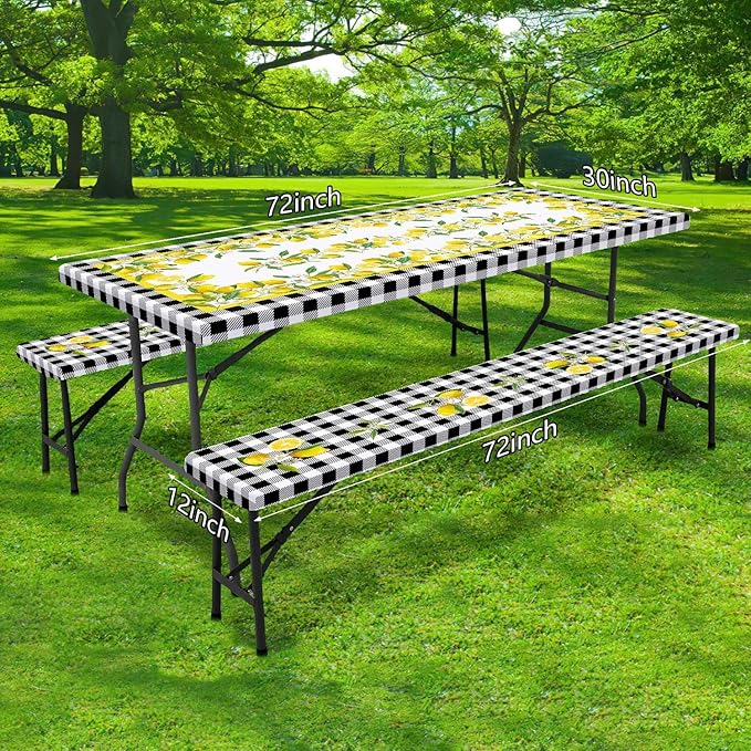 Picnic Table Cover with Bench Covers, Lemon & Black-White Gingham , Elastic Edges, Waterproof Windproof Fitted, for Outdoor Camping Patio Garden, with Drawstring Bag, 96 in