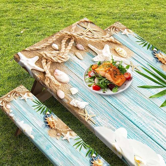 Picnic Table Cover with Bench Covers Elastic Edges, Beach Ocean Fitted Table Cover, Outdoor Patio Camping Essentials 72 Inch 3PCS, Waterproof Camping Fitted Tablecloth with Drawstring Bag