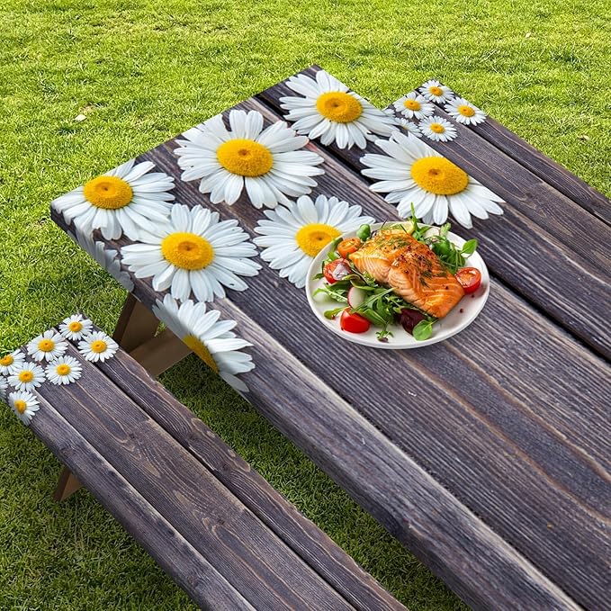 Picnic Table Cover with Bench Covers Elastic Edges, Chamomile Flower Fitted Table Cover, Outdoor Patio Camping Essentials 60 Inch 3PCS, Waterproof Camping Fitted Tablecloth with Drawstring Bag