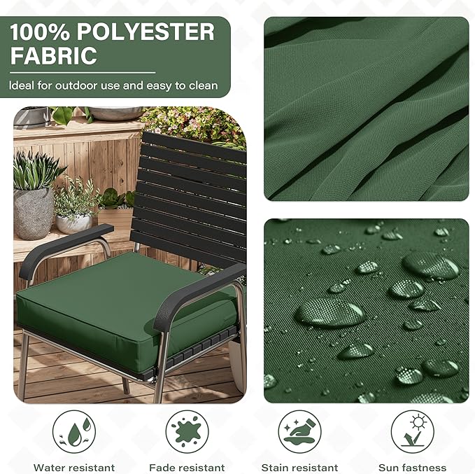Patio Chair Cushions 22 X 22 X 4 Inch Waterproof Outdoor Seat Cushions for Patio Furniture, Outdoor Sofa Couch Pads with Ties & Handle, Set of 2, Green